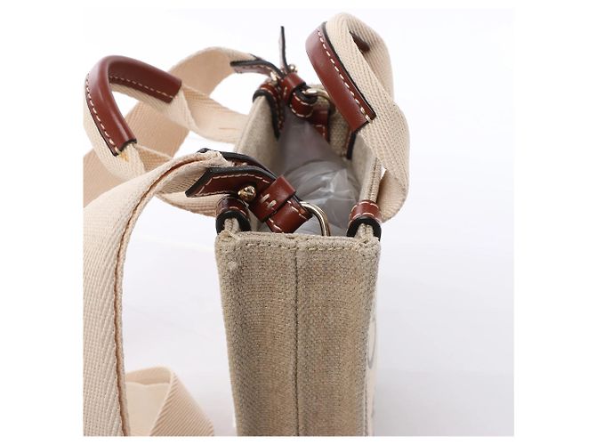 Borsa a mano 2Way Chloé Woody North South in tela e pelle Beige x Brown - vista 5