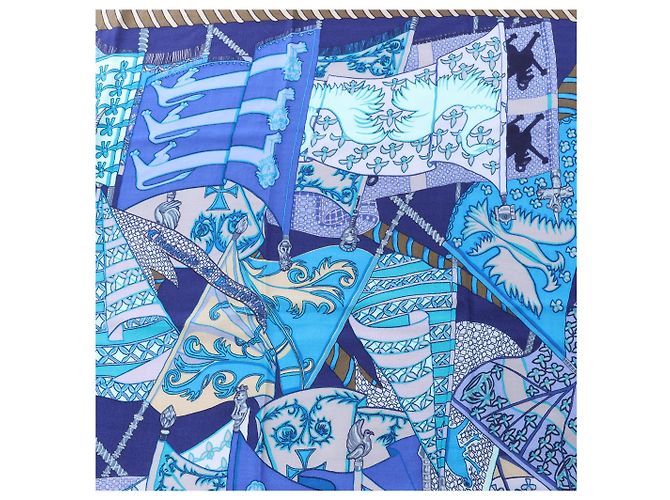 Hermès Carré 90 "Etendards et Bonnieres flag" Kaschmir x Seidentuch in Blau - Ansicht 14