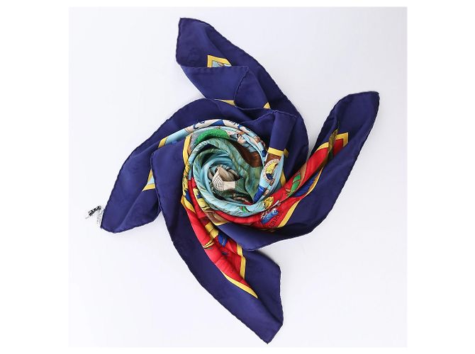 Hermès Carré 90 "Christoffer Columbus decouvre l'Amerique" Foulard di seta Blu - vista 10