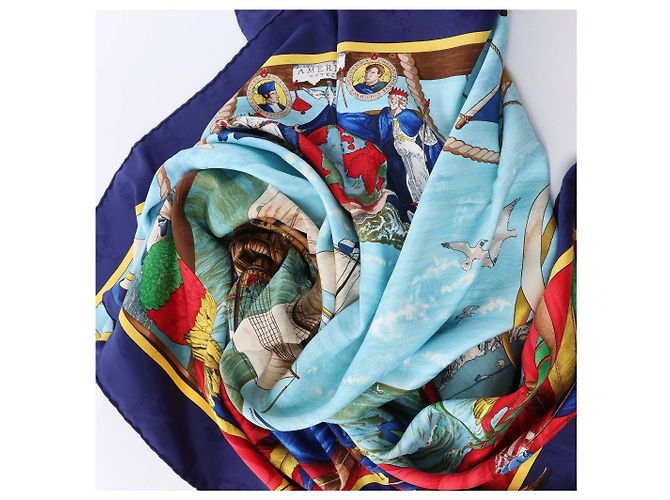 Hermès Carré 90 "Christoffer Columbus decouvre l'Amerique" Foulard di seta Blu - vista 11