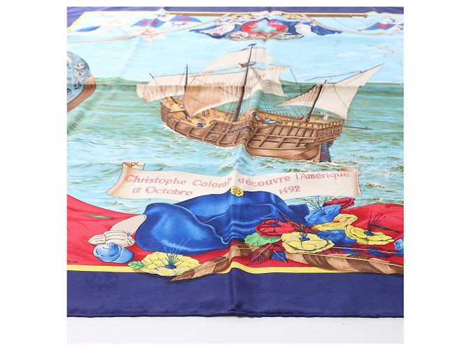 Hermès Carré 90 "Christoffer Columbus decouvre l'Amerique" Foulard di seta Blu - vista 2