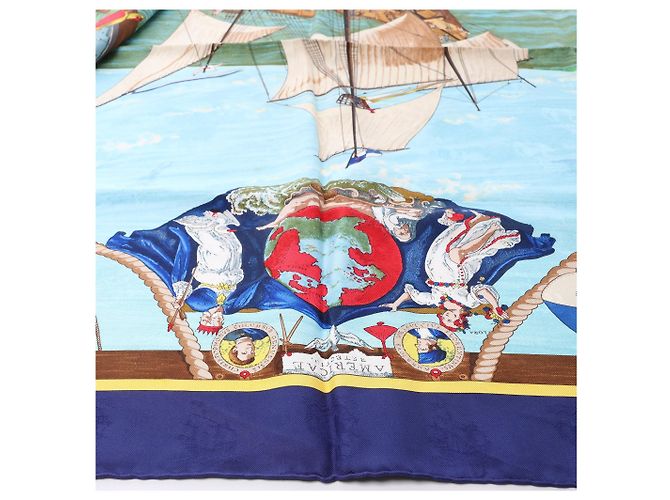 Hermès Carré 90 "Christoffer Columbus decouvre l'Amerique" Foulard di seta Blu - vista 4