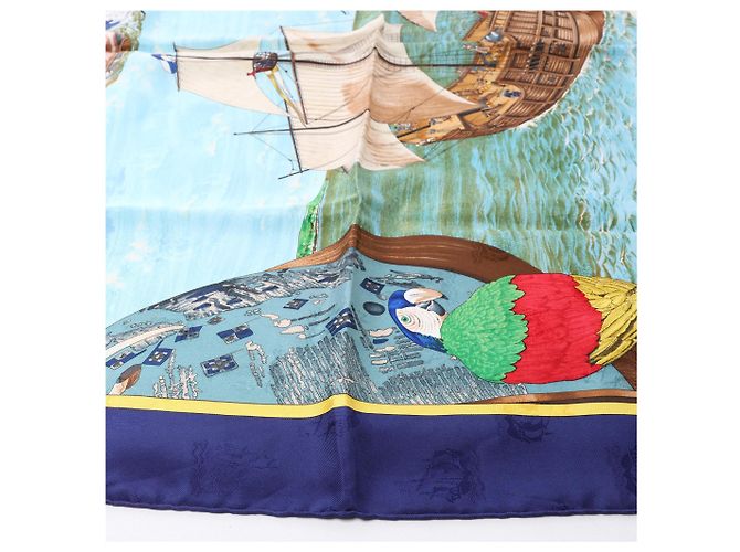 Hermès Carré 90 "Christoffer Columbus decouvre l'Amerique" Foulard di seta Blu - vista 5