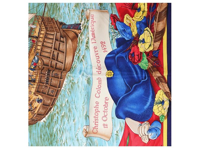 Hermès Carré 90 "Christoffer Columbus decouvre l'Amerique" Foulard di seta Blu - vista 7