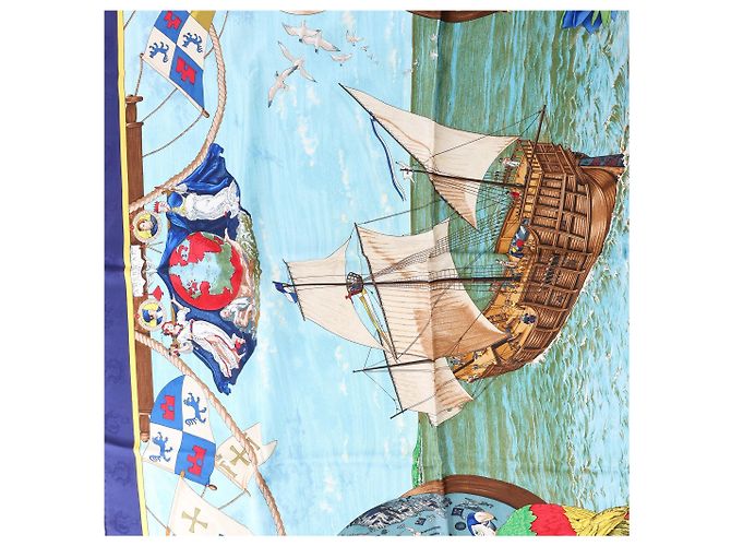 Hermès Carré 90 "Christoffer Columbus decouvre l'Amerique" Foulard di seta Blu - vista 9