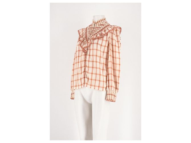 Camisa SéZane xadrez branca de algodão com folhos - vista 4