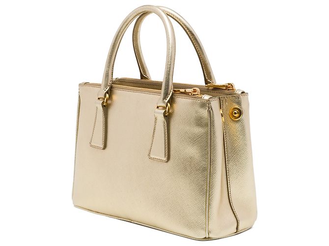 Prada Gold Mini Metallic Saffiano Lux Galleria Double Zip Satchel - vista 2