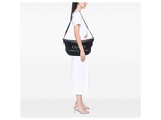 Borsa a tracolla a mezzaluna Gucci in pelle di vitello martellata nera con logo - vista 6