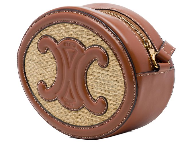 Céline Celine Beige Straw Effect Canvas Cuir Triomphe Oval Crossbody - vista 2