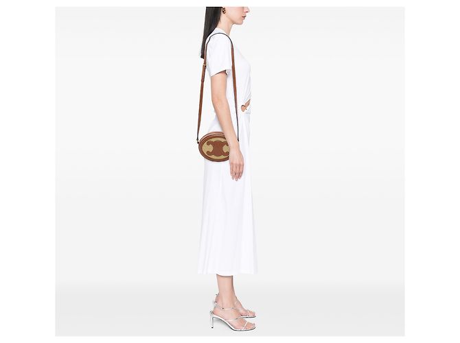 Céline Celine Beige Straw Effect Canvas Cuir Triomphe Oval Crossbody - vista 6