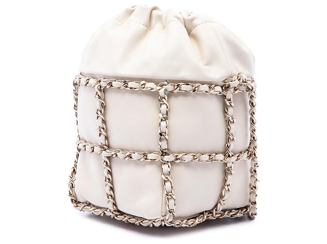 Borsa secchiello Chanel Mini in lambskin bianca con coulisse e catena CC - vista 2