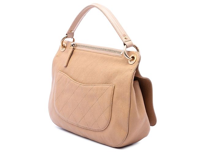 Chanel Beige CC Stitched Caviar Turnlock Top Handle Flap - vista 2