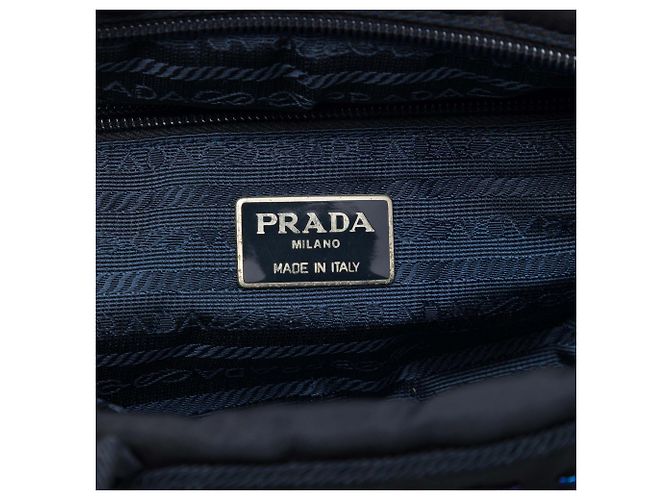 Prada Blue Tessuto Handtasche mit Perlen-Logo und Quaste - Ansicht 5