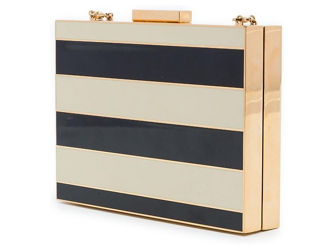 Clutch Minaudière Valentino con catena in smalto a righe nere e placcato oro - vista 2
