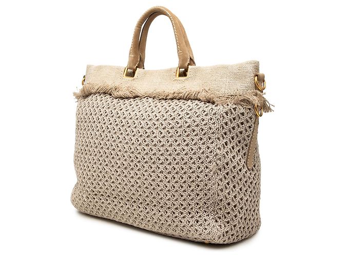 Tote Shopping Prada em Crochê de Ráfia Bege e Franjas de Linho - vista 2