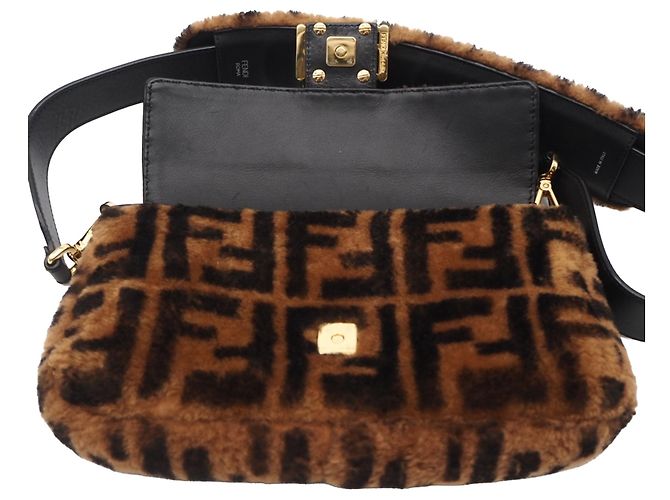 Fendi Brown Medium Zucca Shearling Baguette Satchel Tasche - Ansicht 13