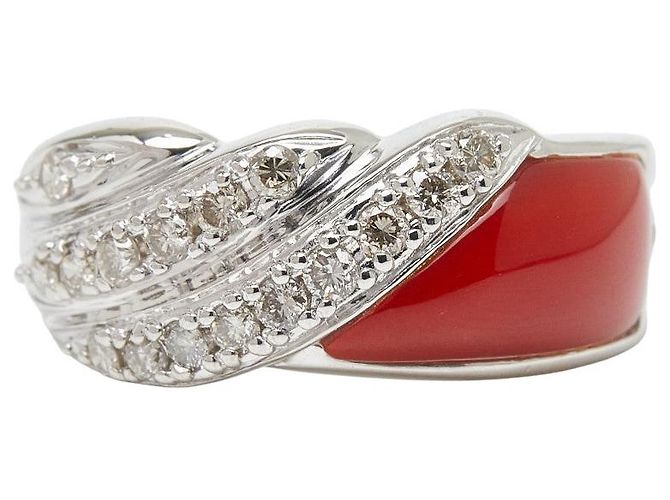 Autre Marque Pt900 Platinring mit Koralle und Diamant - Ansicht 2
