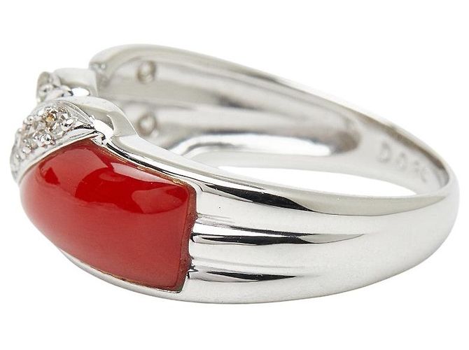 Autre Marque Pt900 Platinring mit Koralle und Diamant - Ansicht 3