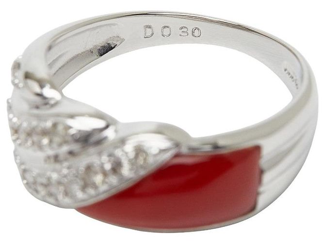 Autre Marque Pt900 Platinring mit Koralle und Diamant - Ansicht 6