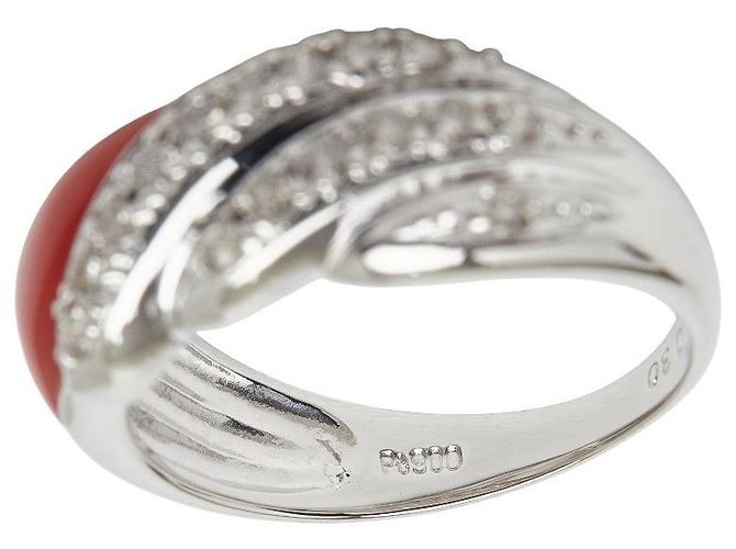 Autre Marque Pt900 Platinring mit Koralle und Diamant - Ansicht 7