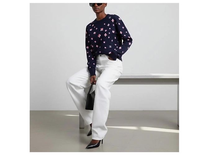 Chanel Maglione Cashmere Fantasia Floreale Blu Scuro - vista 7