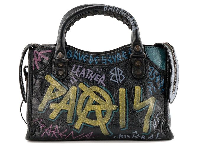 BALENCIAGA - Borsa a tracolla City Graffiti Mini Balenciaga in pelle nera - vista 3