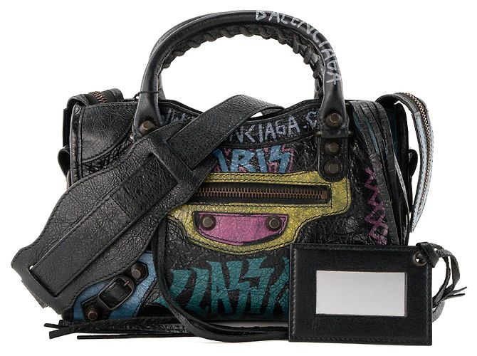 BALENCIAGA - Borsa a tracolla City Graffiti Mini Balenciaga in pelle nera - vista 5
