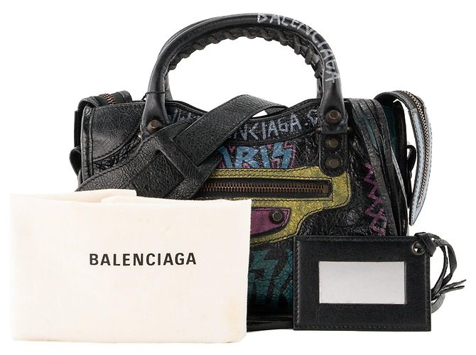 BALENCIAGA - Borsa a tracolla City Graffiti Mini Balenciaga in pelle nera - vista 9