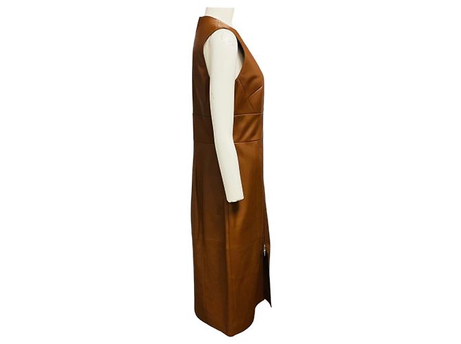 Abito midi in pelle di agnello marrone senza maniche con scollo a V Prabal Gurung - vista 2
