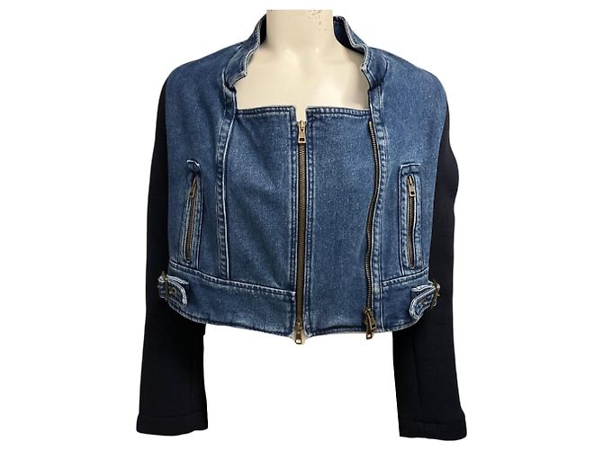 Chloé Giacca in denim Chloe Vintage blu con doppia zip frontale e maniche in maglia di lana blu navy e angora - vista 2