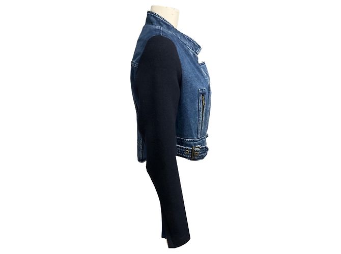 Chloé Giacca in denim Chloe Vintage blu con doppia zip frontale e maniche in maglia di lana blu navy e angora - vista 3