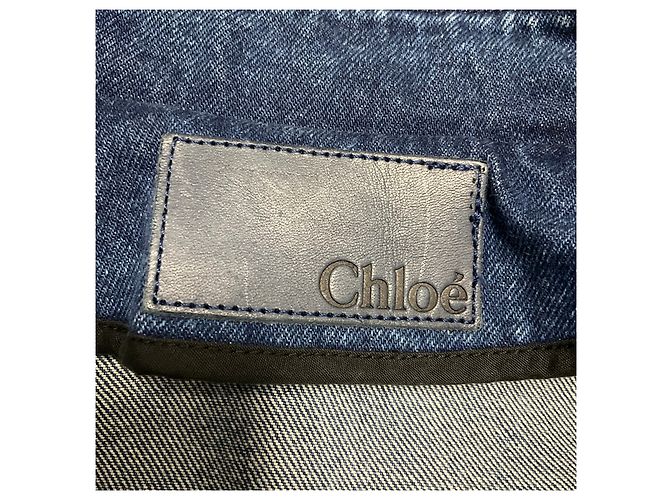 Chloé Giacca in denim Chloe Vintage blu con doppia zip frontale e maniche in maglia di lana blu navy e angora - vista 5