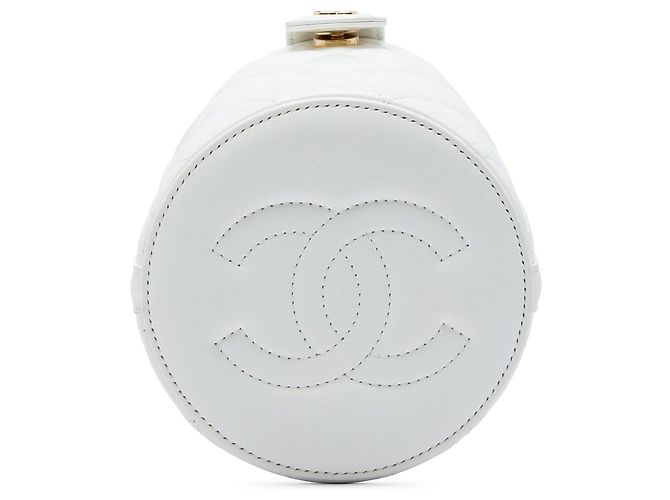 Borsa vanity rotonda Chanel CC in pelle di agnello matelassé bianca con manico superiore e catena - vista 3