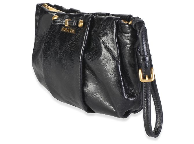 Clutch de muñeca Prada en Vitello Shine plisado con lazo, negra - vista 3