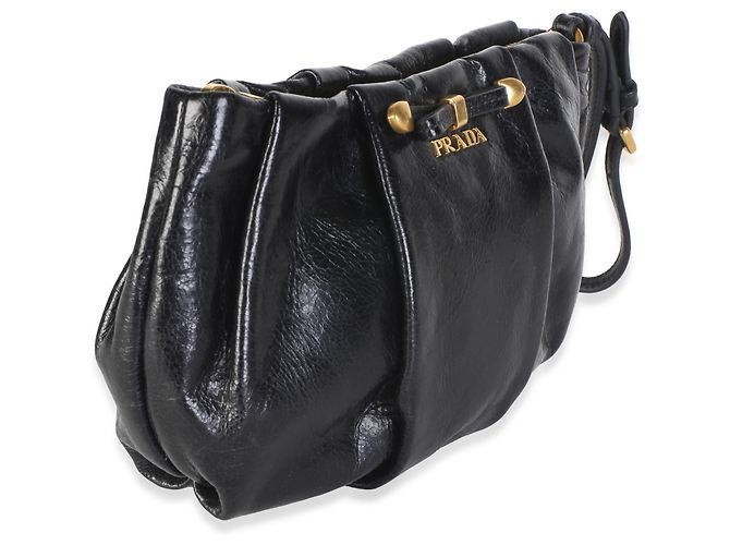 Clutch de muñeca Prada en Vitello Shine plisado con lazo, negra - vista 4