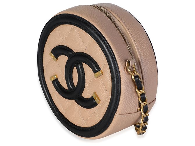 Gabrielle Chanel Black Beige Quilted Caviar Round Filigree Crossbody - vista 3