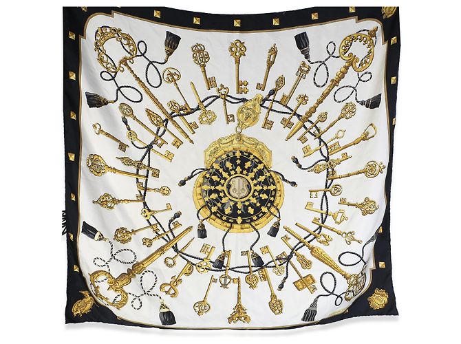 Lenço Hermès Les Cles 90 em seda Cream Black - vista 3