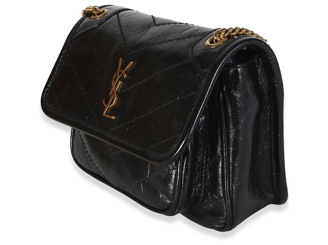 Autre Marque Borsa Saint Laurent Mini Niki in pelle di vitello matelassé nera stropicciata con catena - vista 3