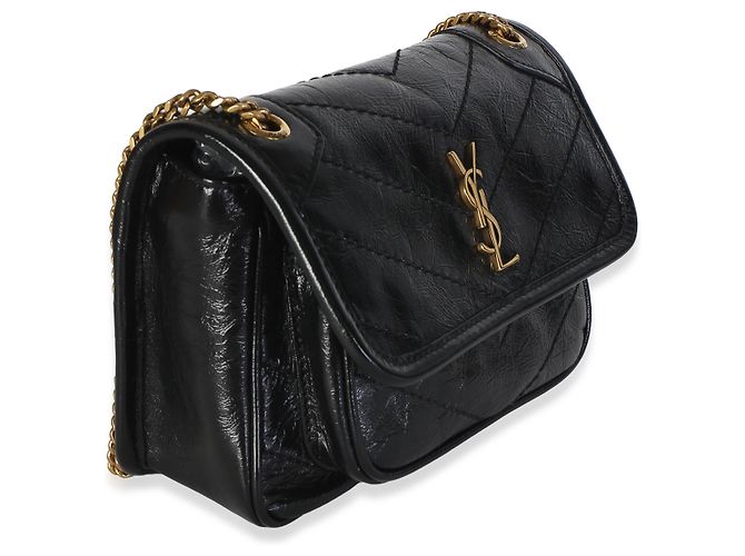 Autre Marque Borsa Saint Laurent Mini Niki in pelle di vitello matelassé nera stropicciata con catena - vista 4