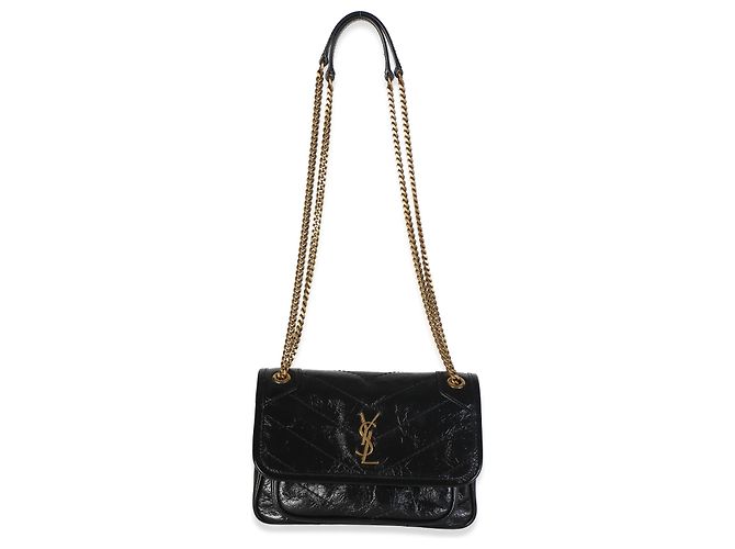Autre Marque Borsa Saint Laurent Mini Niki in pelle di vitello matelassé nera stropicciata con catena - vista 5