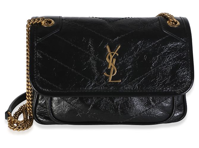 Autre Marque Borsa Saint Laurent Mini Niki in pelle di vitello matelassé nera stropicciata con catena - vista 8