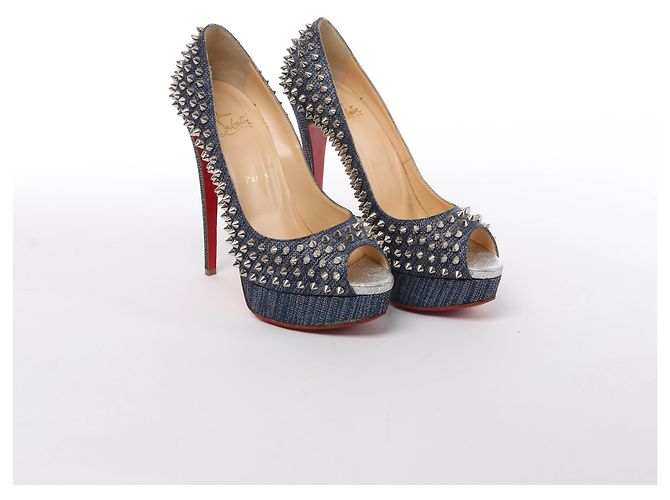 Décolleté aperte Christian Louboutin Spike Studs in denim Navy x Silver, Taglia EU 40 - vista 2