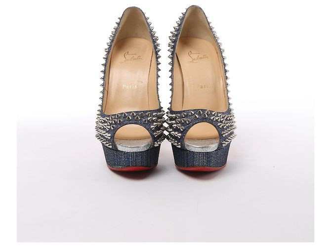 Décolleté aperte Christian Louboutin Spike Studs in denim Navy x Silver, Taglia EU 40 - vista 3