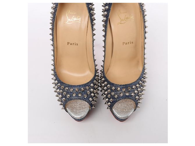 Décolleté aperte Christian Louboutin Spike Studs in denim Navy x Silver, Taglia EU 40 - vista 4