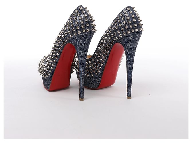 Décolleté aperte Christian Louboutin Spike Studs in denim Navy x Silver, Taglia EU 40 - vista 5