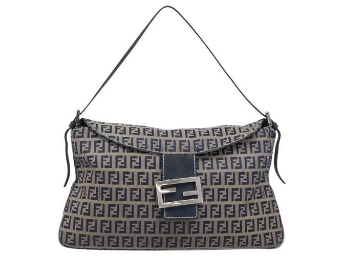FENDI Zucchino Canvas Mamma Baguette Schultertasche Navy Silver - Ansicht 13