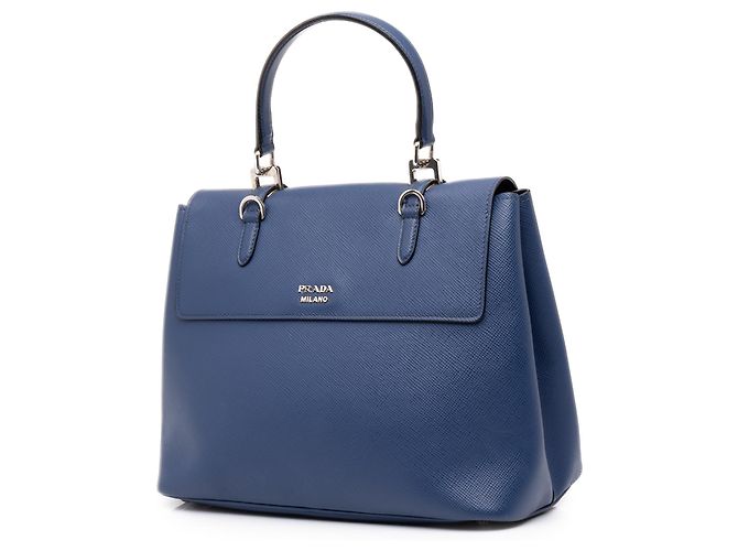 Prada Blue Medium Saffiano Cuir Double Turnlock Satchel Tasche - Ansicht 2