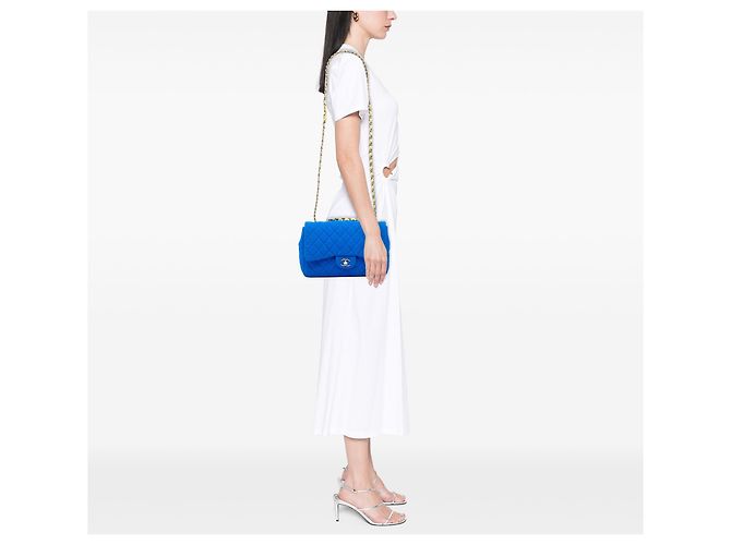 Chanel Blue Jumbo Classic Perforated Jersey Single Flap - vista 5