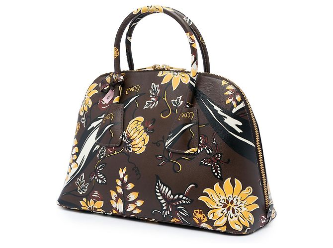 Prada Brown Large Saffiano Lux Floral Print Promenade Satchel mit Fronttasche - Ansicht 2