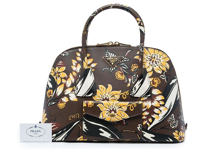 Prada Brown Large Saffiano Lux Floral Print Promenade Satchel mit Fronttasche - Ansicht 6